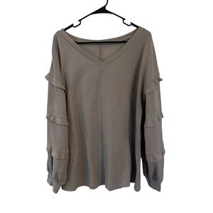 Gray V-Neck Ruffle Sleeve Top